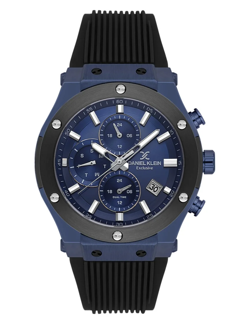 DANIEL KLEIN Men's Silicone Band Blue and Black Brass Case Analog Blue Round Sunray Dial Japanese Quartz Exclusive 50 Meters Water Resistant